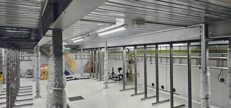Coated steel frame through a building services zone